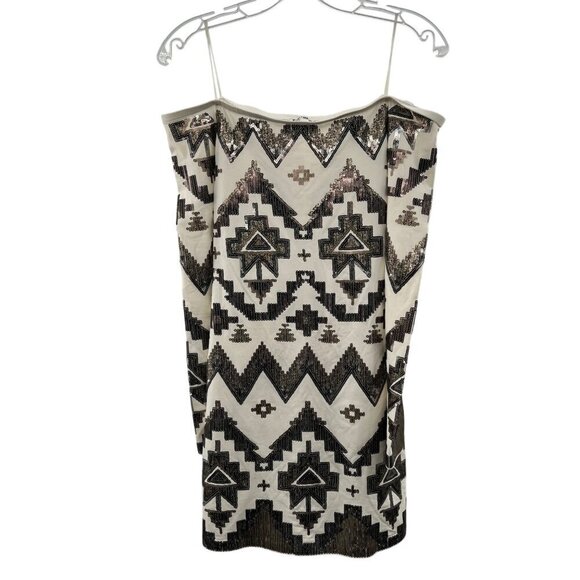 Express Off Shoulder Geometric Mini Dress Off White/Gold Sequin Size Small - Picture 1 of 9